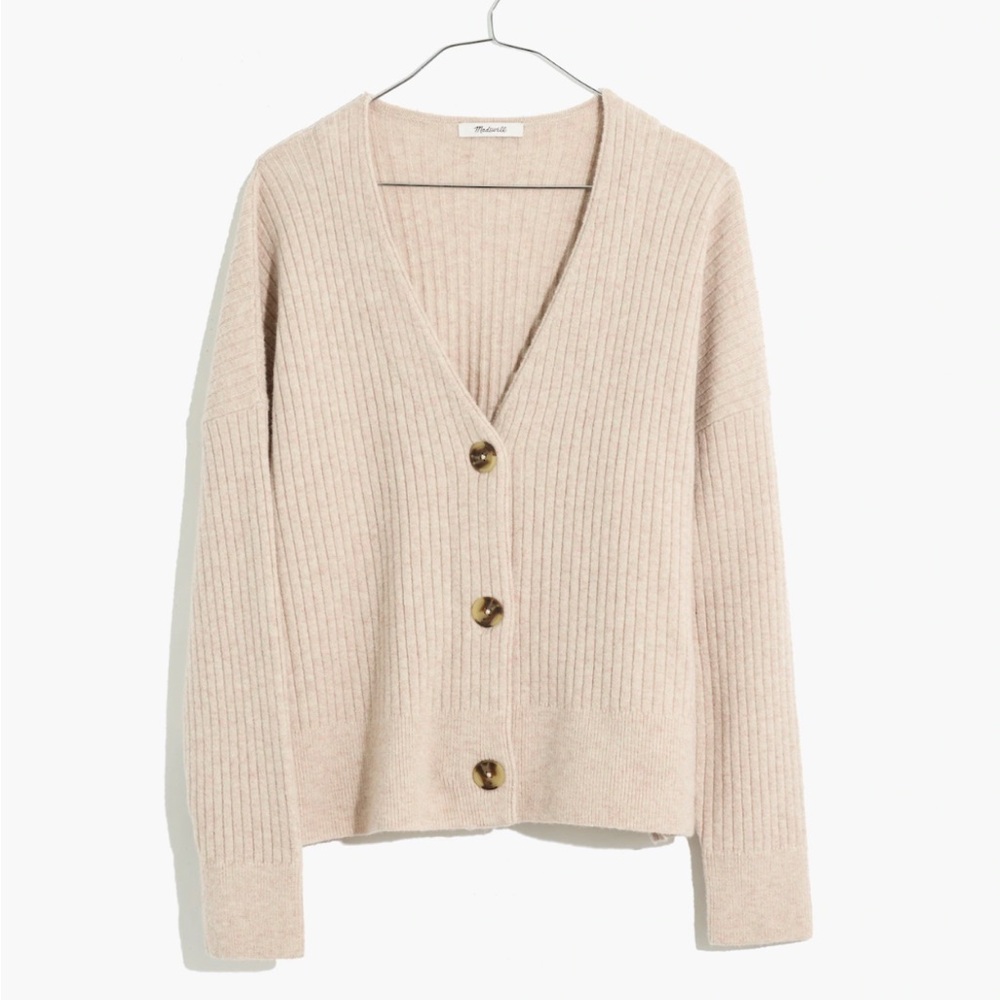 Madewell Cameron Ribbed Cardigan Sweater in Coziest Yarn | Heather Linen | L